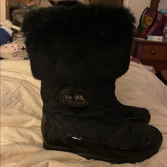 Black Coach Fur-Trimmed Boots - Picture 1 of 3